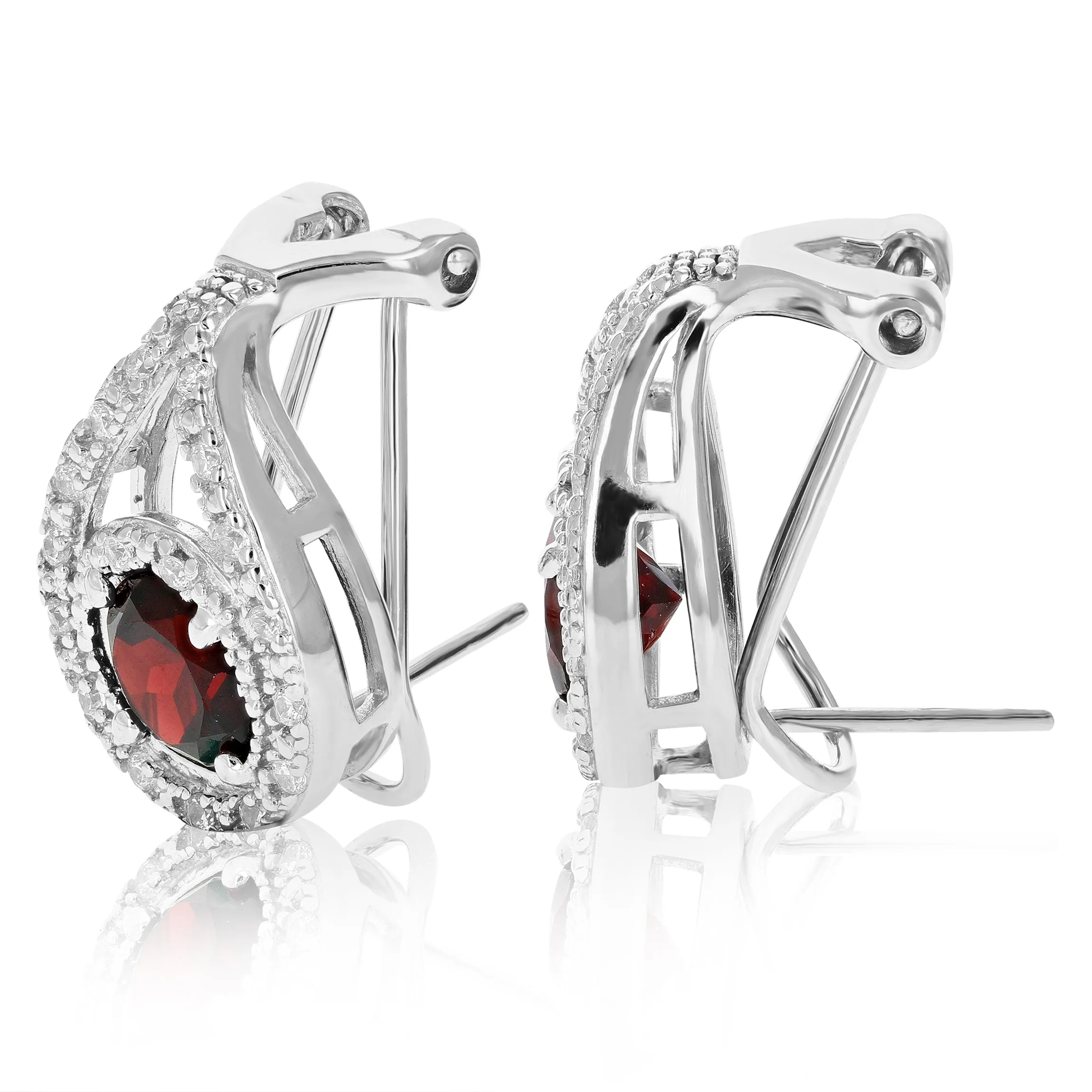2 cttw Garnet Dangle Earrings .925 Sterling Silver With Rhodium 7 MM Round