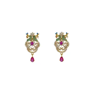 22K Yellow Gold Drop Earrings W/ CZ, Rubies, Emeralds & Paisley Peacock Design