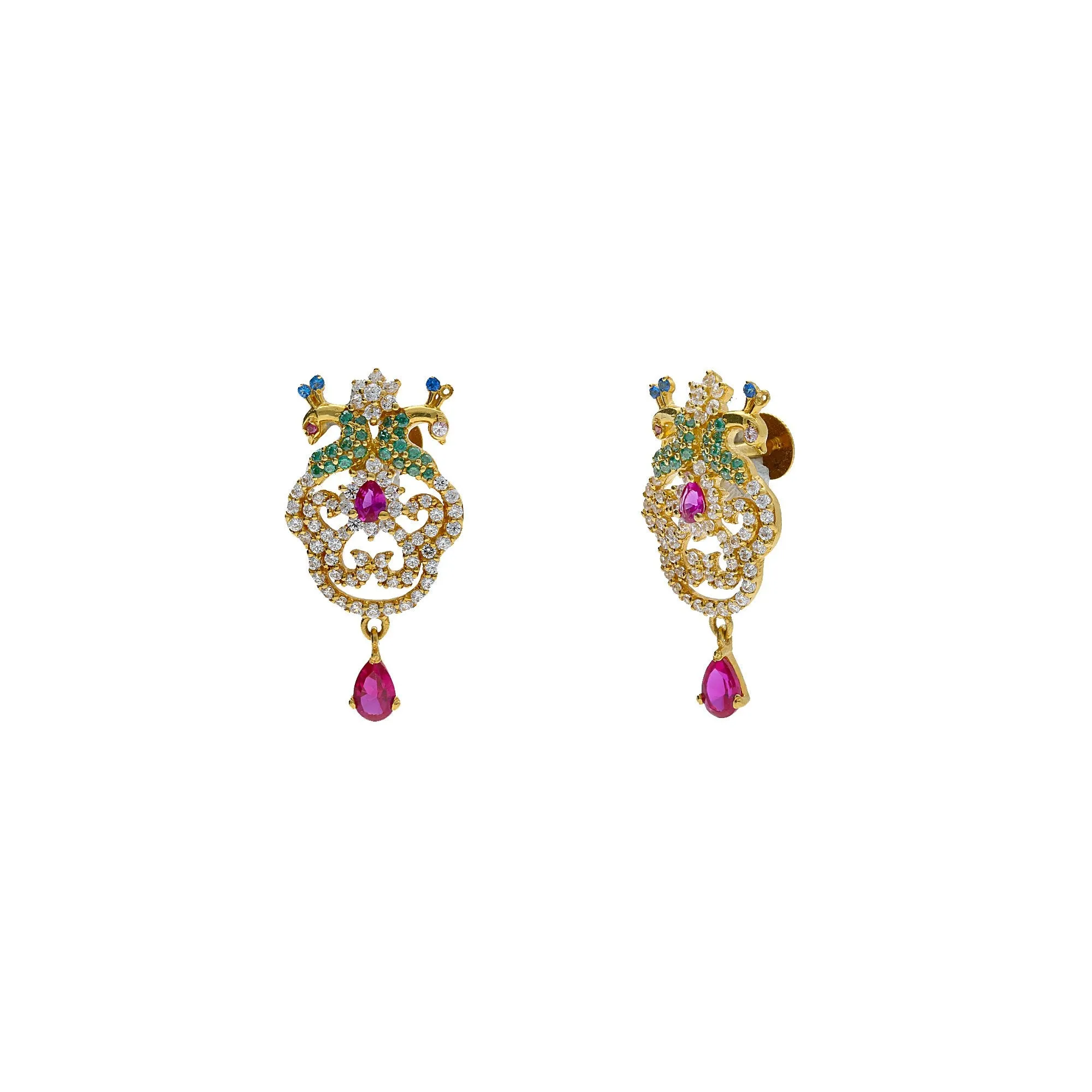 22K Yellow Gold Drop Earrings W/ CZ, Rubies, Emeralds & Paisley Peacock Design