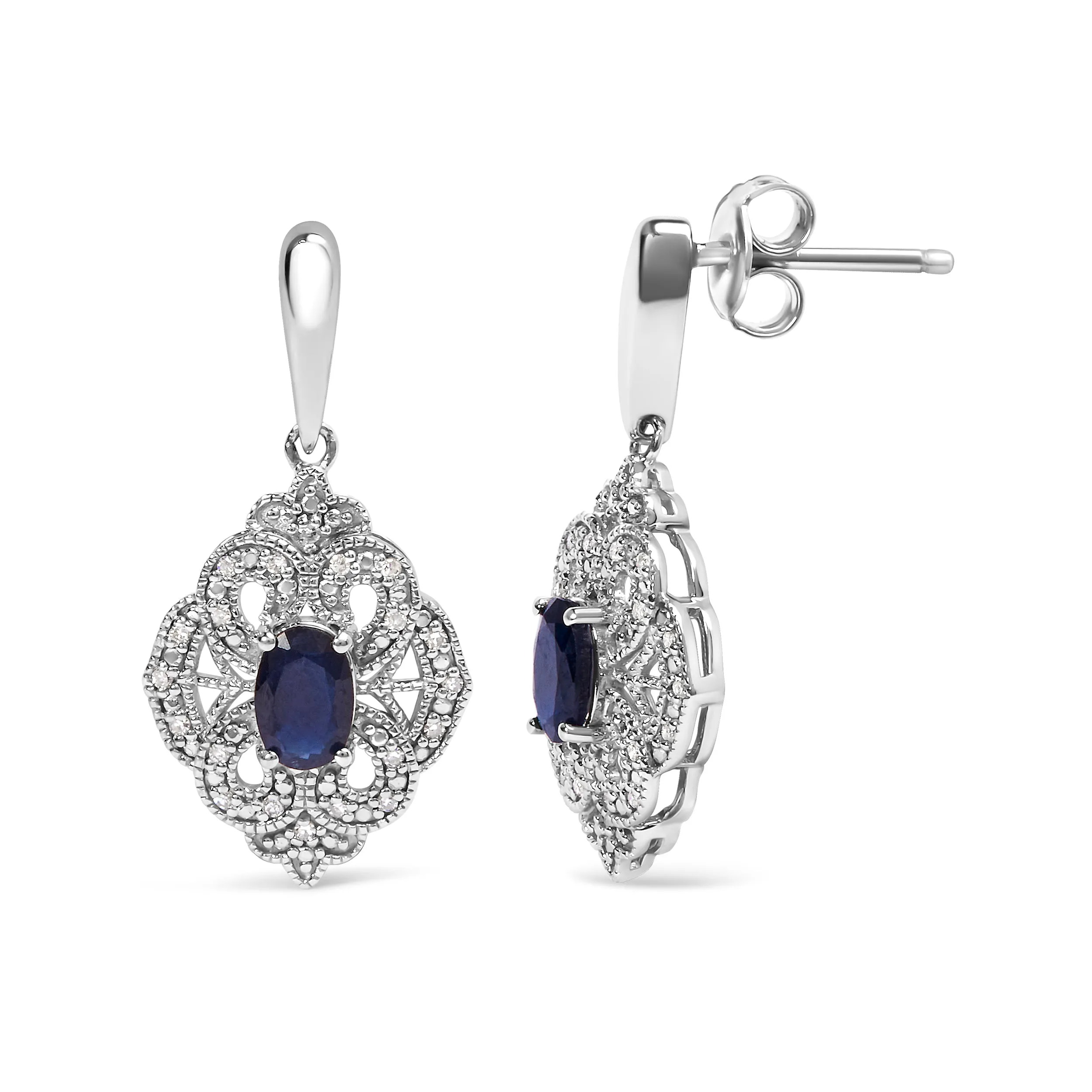.925 Sterling Silver 6x4 MM Oval Blue Sapphire and White Diamond Accent Art Deco Style Shield Dangle Earring