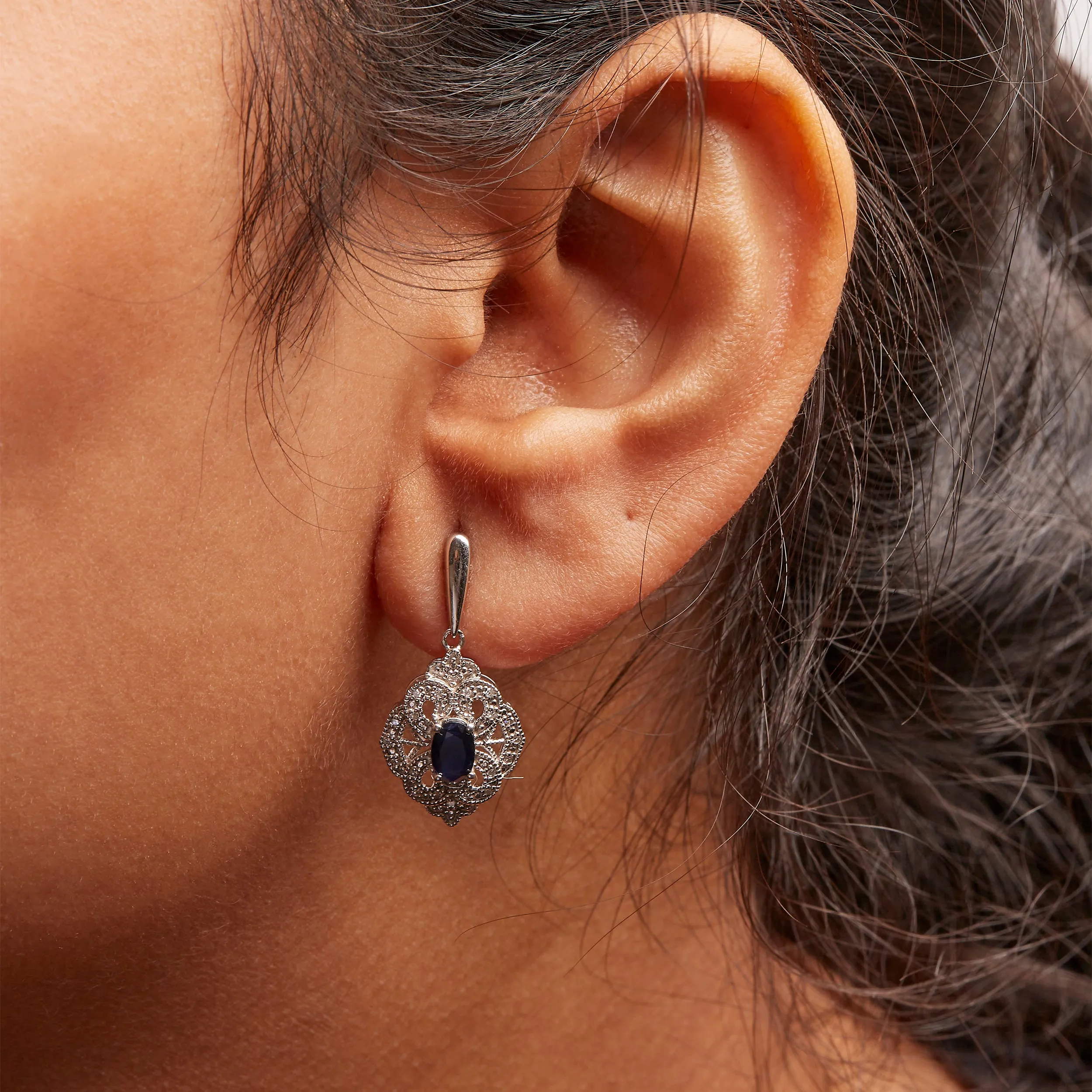 .925 Sterling Silver 6x4 MM Oval Blue Sapphire and White Diamond Accent Art Deco Style Shield Dangle Earring