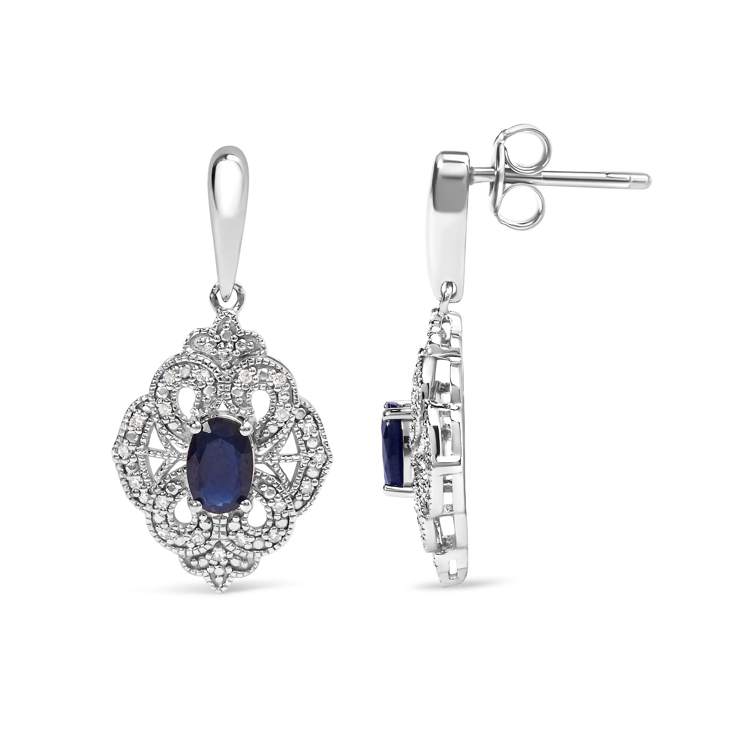 .925 Sterling Silver 6x4 MM Oval Blue Sapphire and White Diamond Accent Art Deco Style Shield Dangle Earring