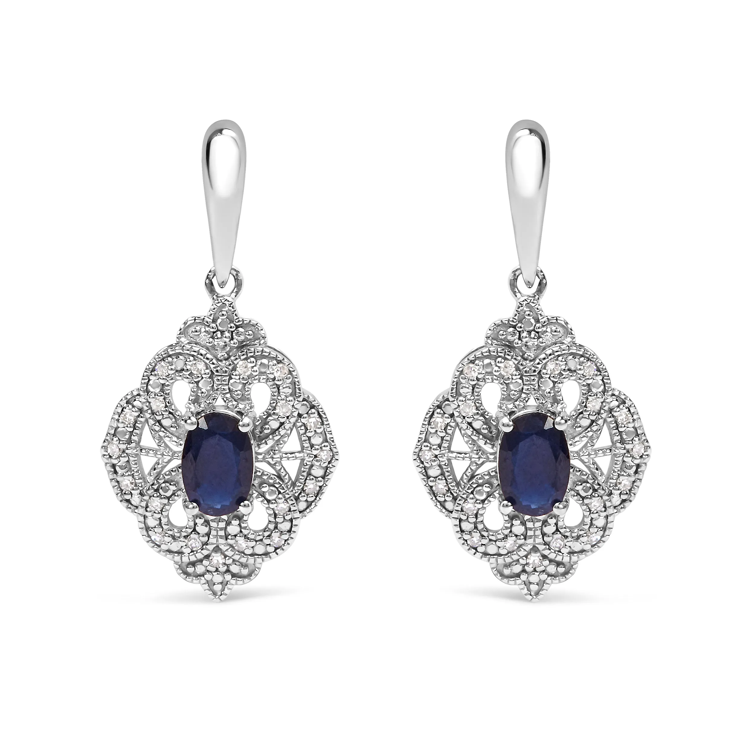 .925 Sterling Silver 6x4 MM Oval Blue Sapphire and White Diamond Accent Art Deco Style Shield Dangle Earring