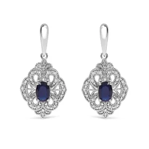 .925 Sterling Silver 6x4 MM Oval Blue Sapphire and White Diamond Accent Art Deco Style Shield Dangle Earring