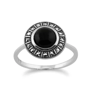 925 Sterlingsilber Kunst Deko 1.20ct Karat schwarzer Onyx & Markasit Ring
