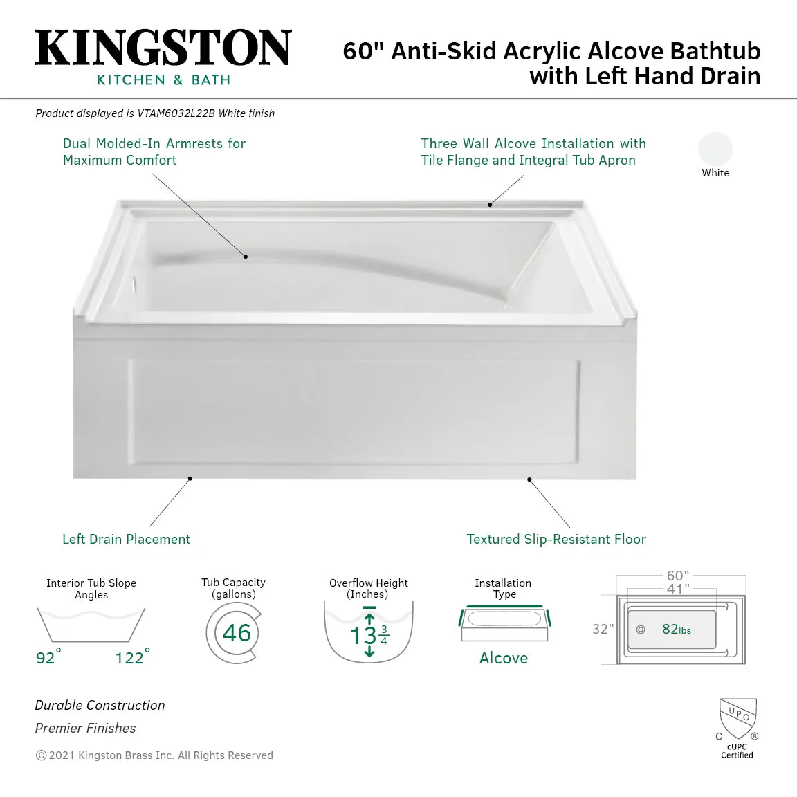 Aqua Eden VTAM6032L22B 60-Inch Acrylic Rectangular 3-Wall Alcove Tub with Armrest and Anti-Skid Surface, Left Hand Drain, Glossy White