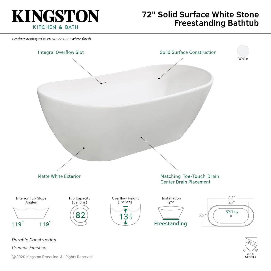 Arcticstone VRTRS723223 72-Inch Solid Surface Oval Double Slipper Freestanding Tub with Drain, Matte White