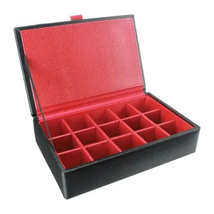 Black Leather 15 Piece Cufflink Box with Red Lining