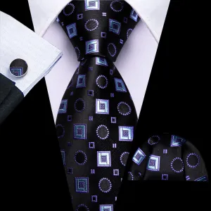 Black, Purple, and Blue Jacquard Square Pattern Tie, Pocket Square, and Cufflinks Set