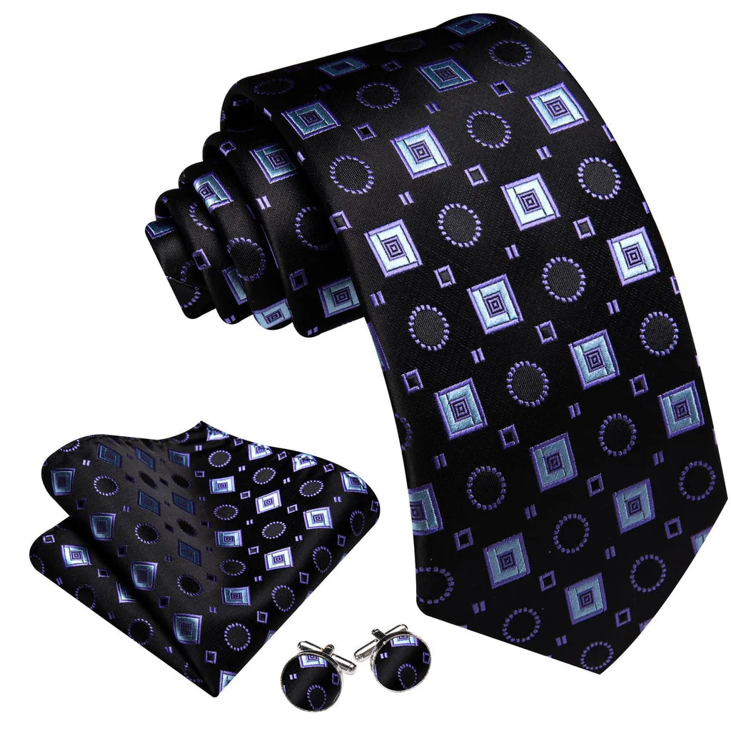 Black, Purple, and Blue Jacquard Square Pattern Tie, Pocket Square, and Cufflinks Set