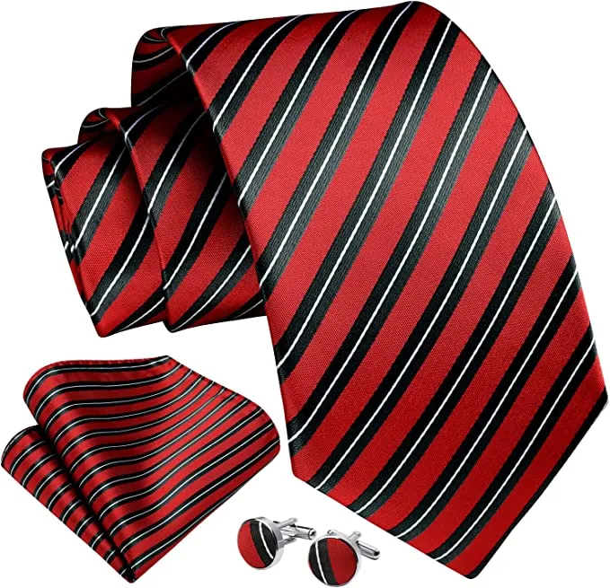 Black Red White Stripe Necktie Set-HDNE58