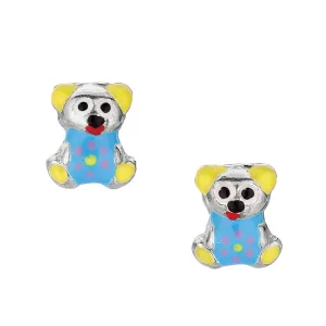 Blue Theme Enamel Kids Teddy Bear Stud Earrings In Sterling Silver