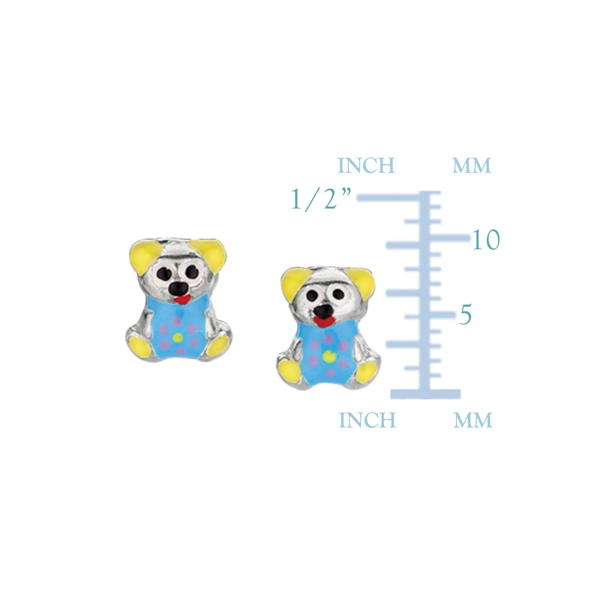 Blue Theme Enamel Kids Teddy Bear Stud Earrings In Sterling Silver