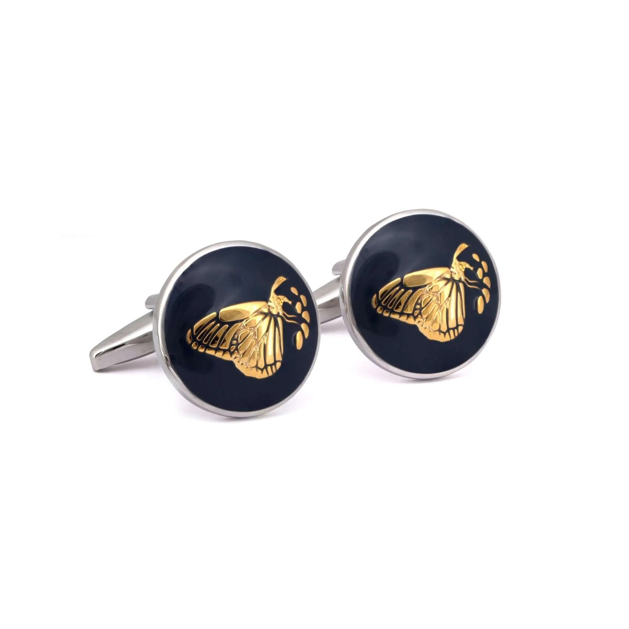 Botanic Series - Round Gold Butterfly Cufflinks in Dark Blue
