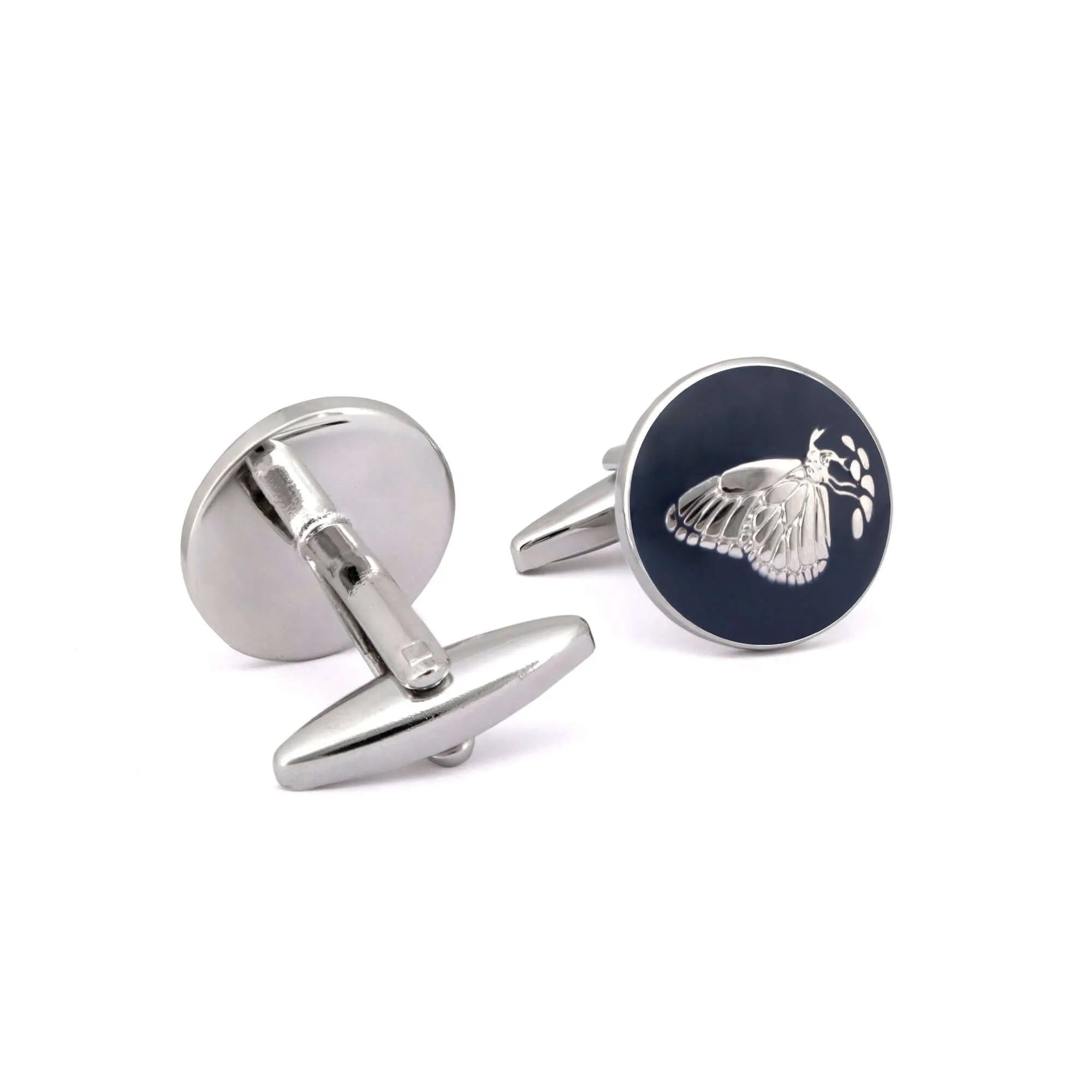 Botanic Series - Round Silver Butterfly Cufflinks in Dark Blue