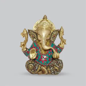Brass Ganesha in Floral Stonework 8 in