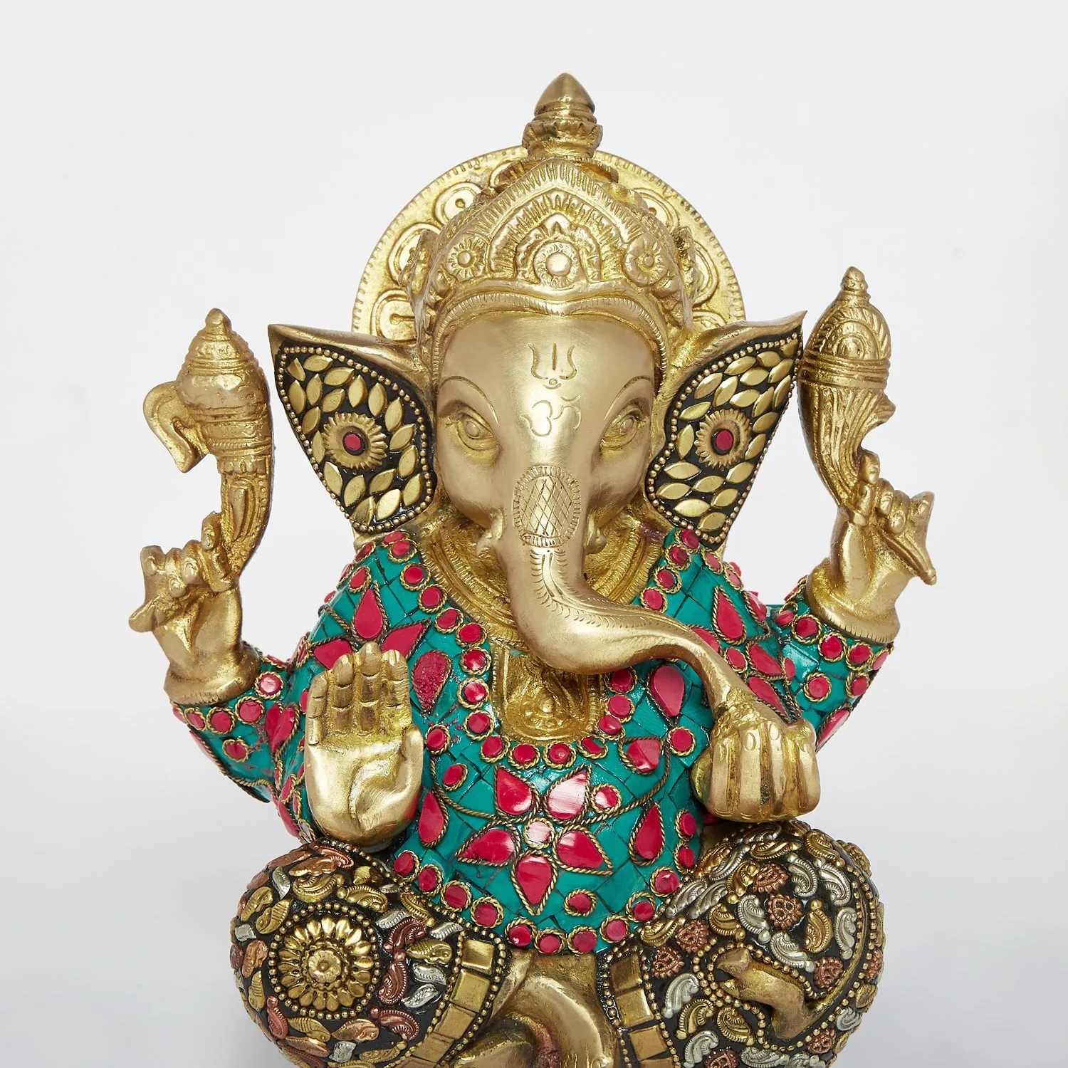 Brass Ganesha in Floral Stonework 8 in
