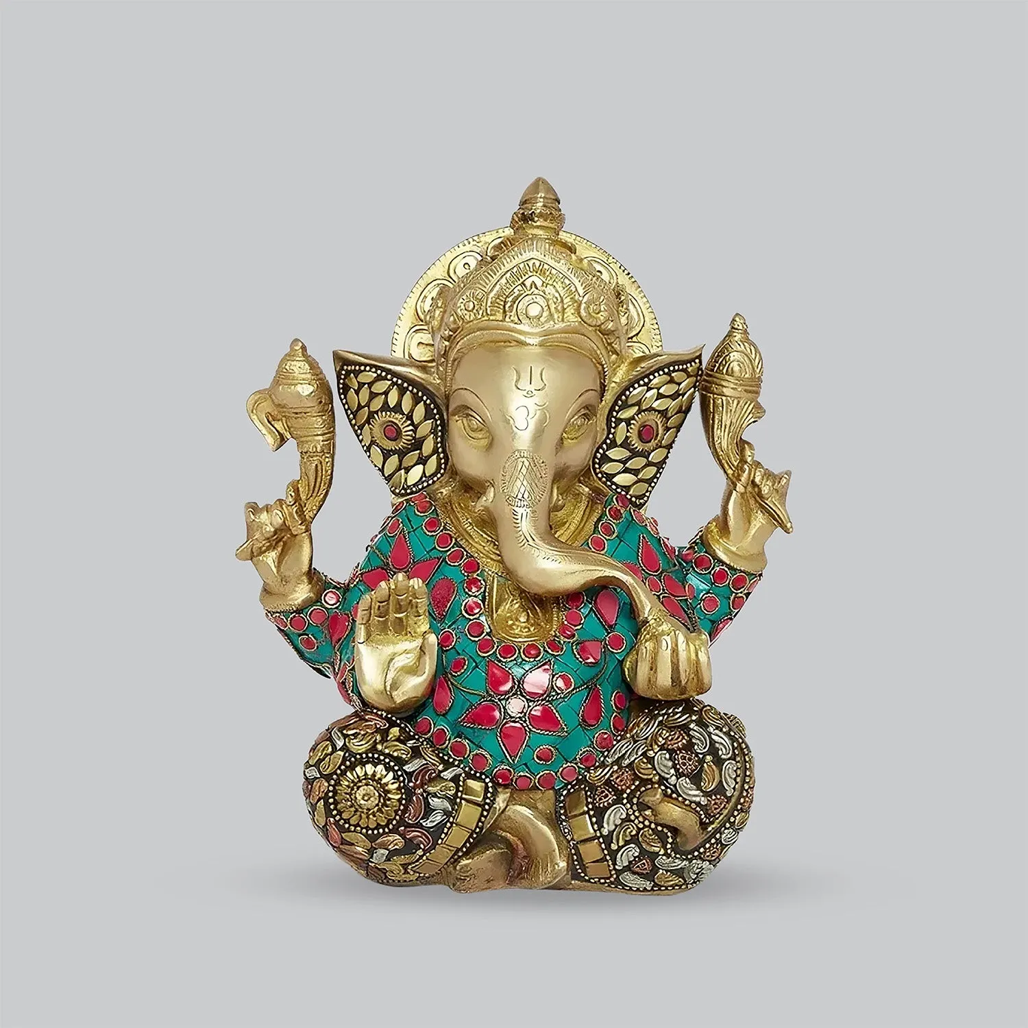 Brass Ganesha in Floral Stonework 8 in