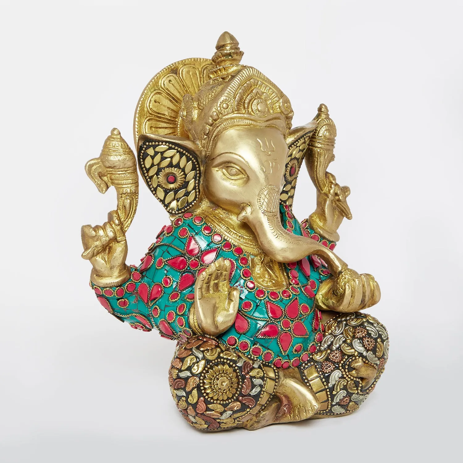 Brass Ganesha in Floral Stonework 8 in