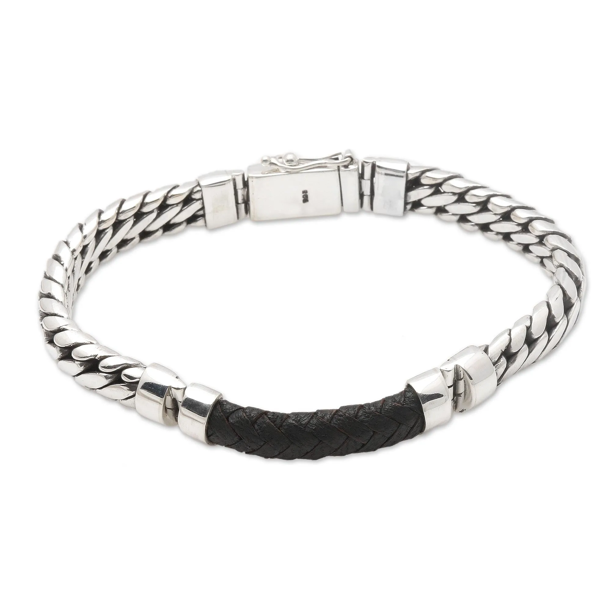 Bridge in Black Polished Sterling Silver and Leather Men's Bracelet