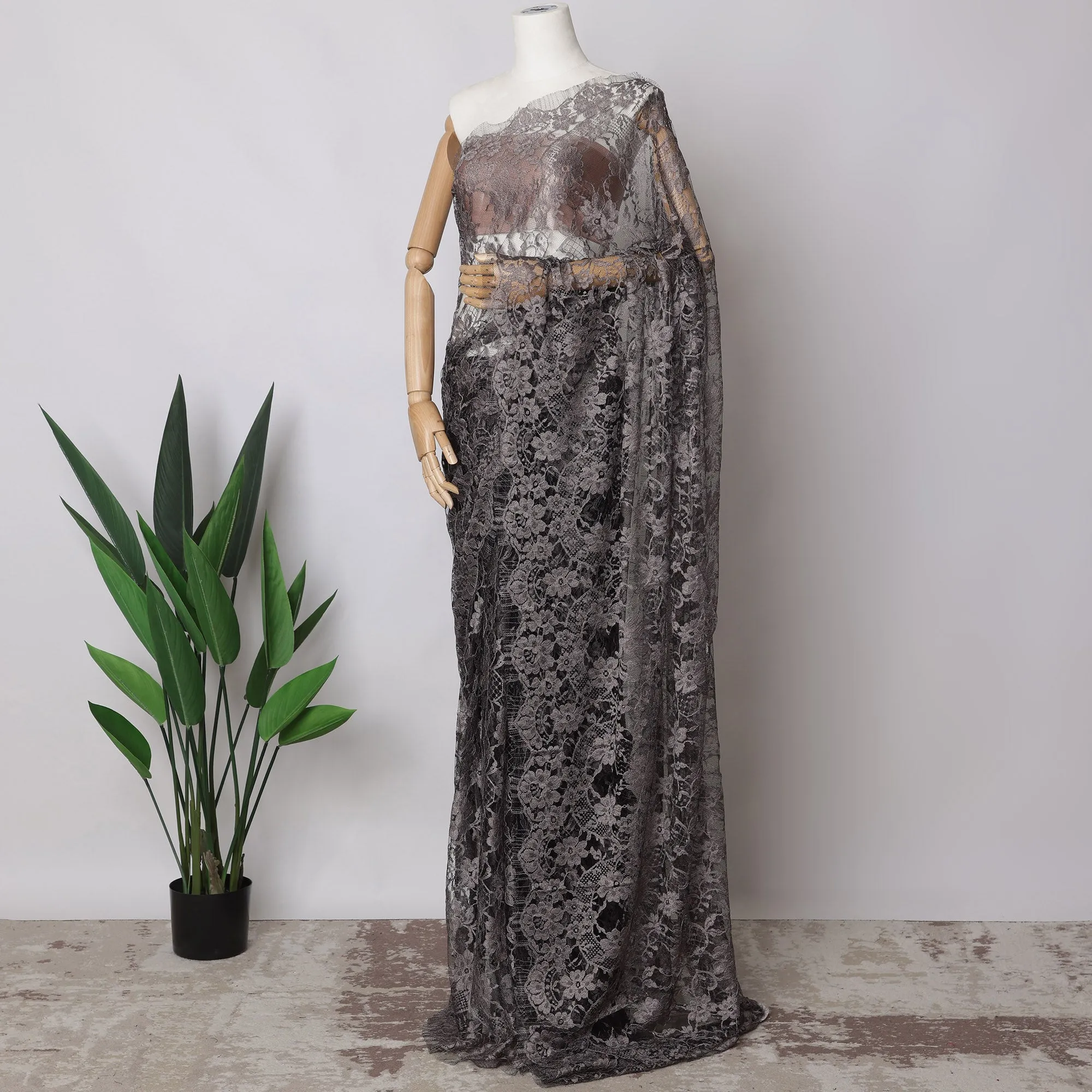 Brownish Grey, black Two-Tone French Chantilly Lace Fabric, 5.5 Meters X 110 Cms, Premium Lace-D21205