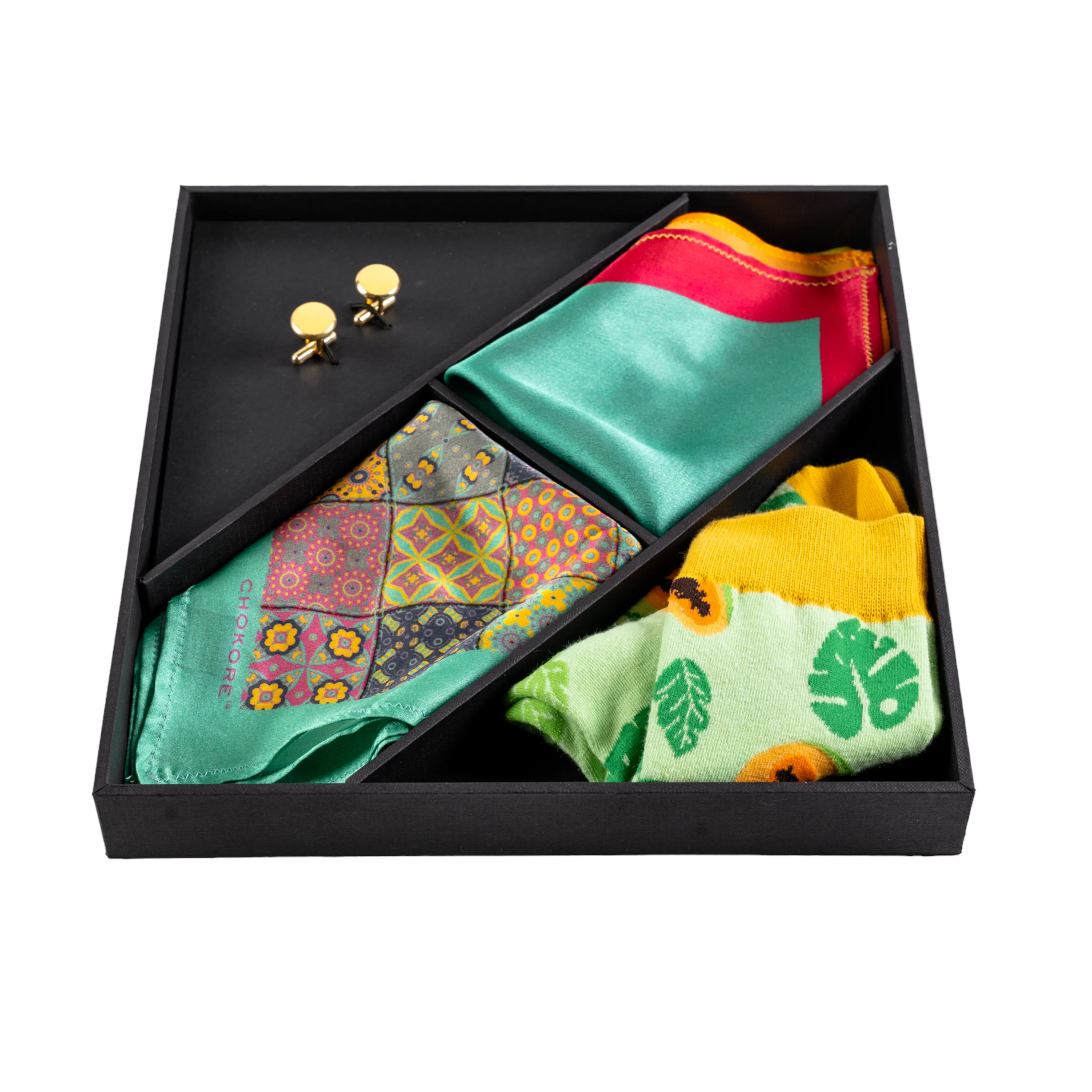 Chokore Special 4-in-1 Gift Set (2 Pocket Squares, Cufflinks, & Socks)