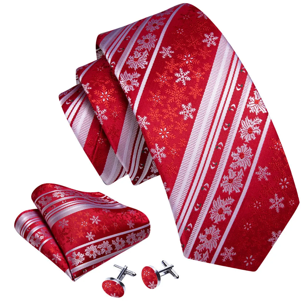 Crimson & Snow White Christmas Snowflake Silk Tie, Pocket Square, and Cufflinks Set