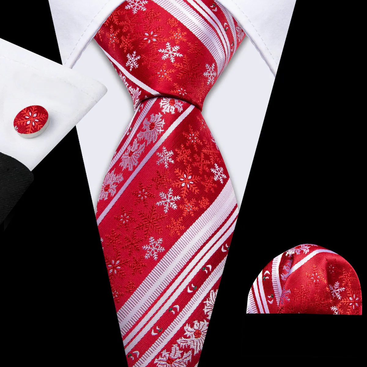 Crimson & Snow White Christmas Snowflake Silk Tie, Pocket Square, and Cufflinks Set