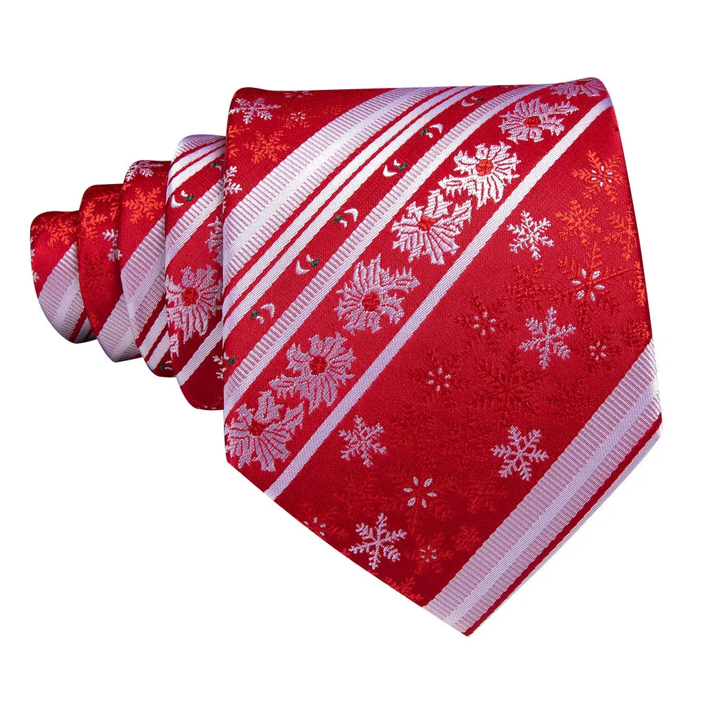 Crimson & Snow White Christmas Snowflake Silk Tie, Pocket Square, and Cufflinks Set