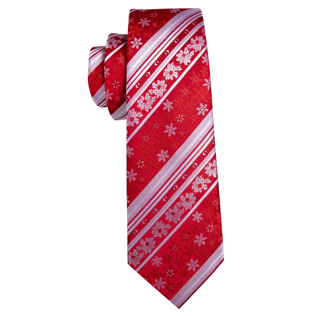 Crimson & Snow White Christmas Snowflake Silk Tie, Pocket Square, and Cufflinks Set