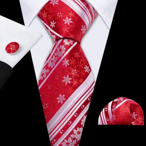 Crimson & Snow White Christmas Snowflake Silk Tie, Pocket Square, and Cufflinks Set