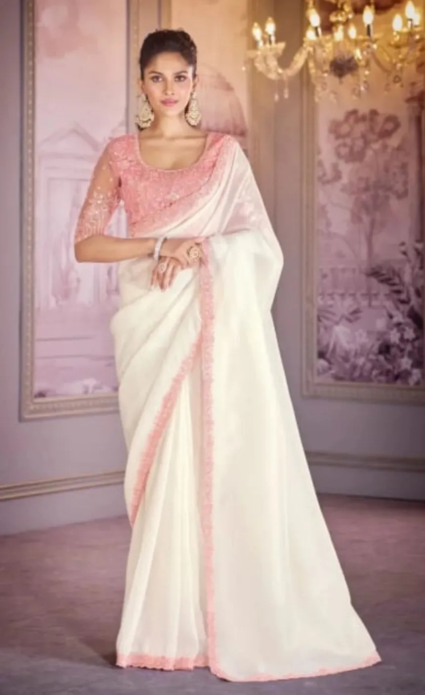 Dreamlike White-Pink Tissue Crush Embroidered Saree