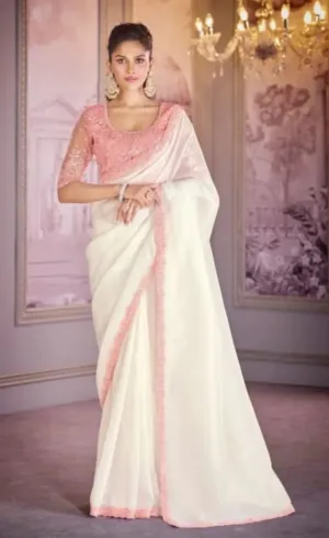 Dreamlike White-Pink Tissue Crush Embroidered Saree