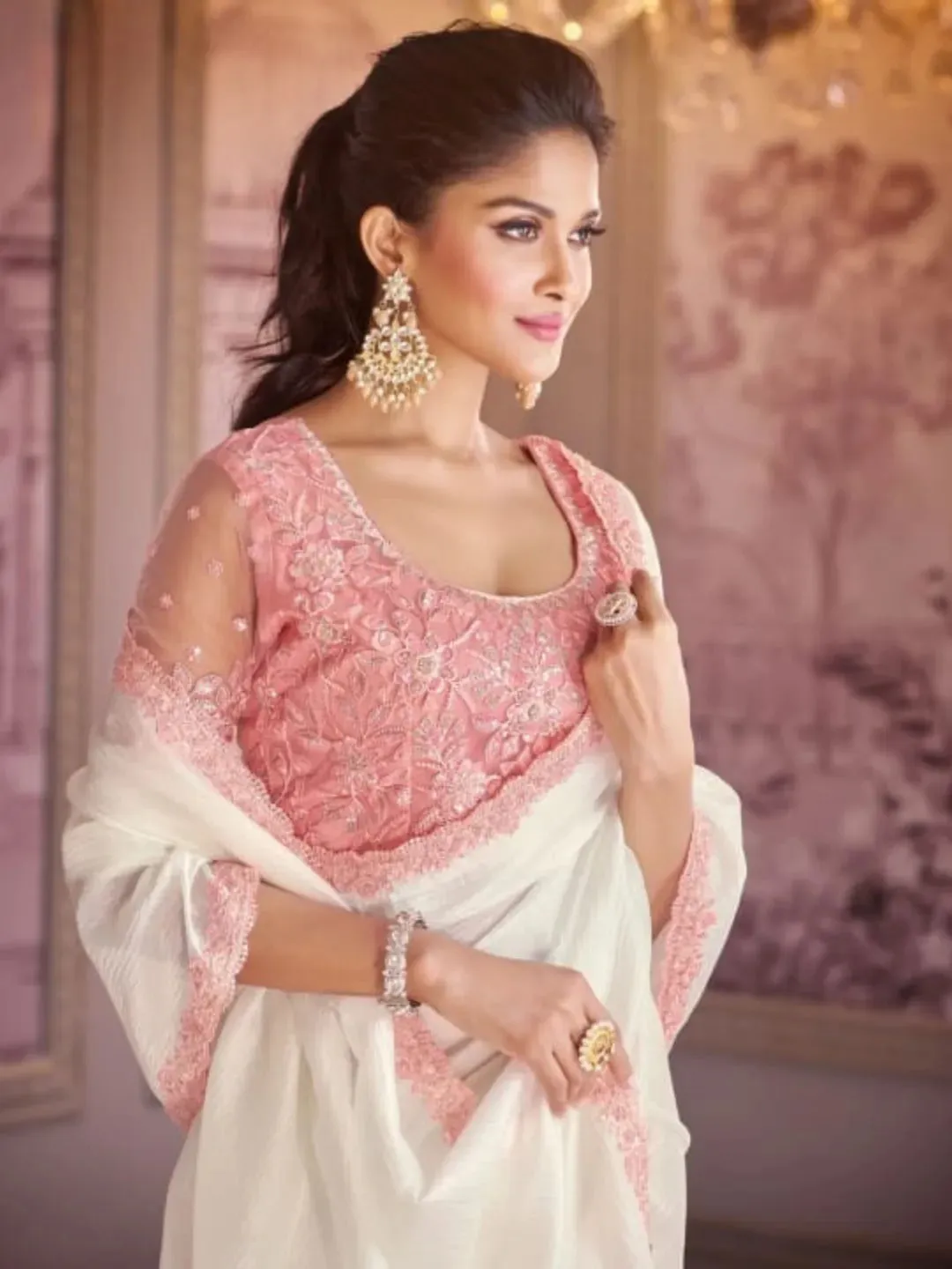 Dreamlike White-Pink Tissue Crush Embroidered Saree