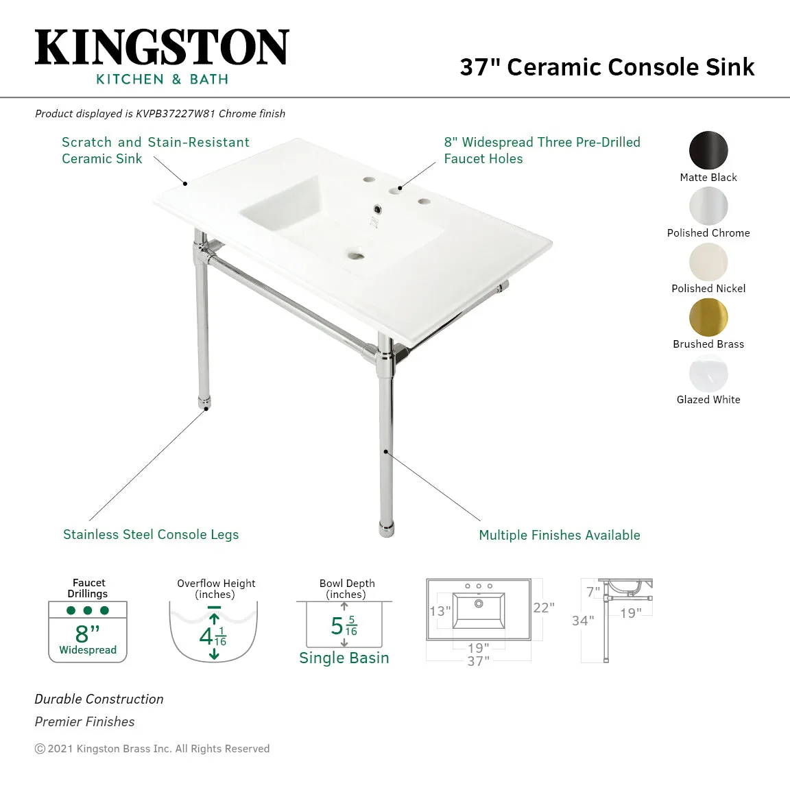 Dreyfuss KVPB37227W86 37-Inch Ceramic Console Sink Set, White/Polished Nickel