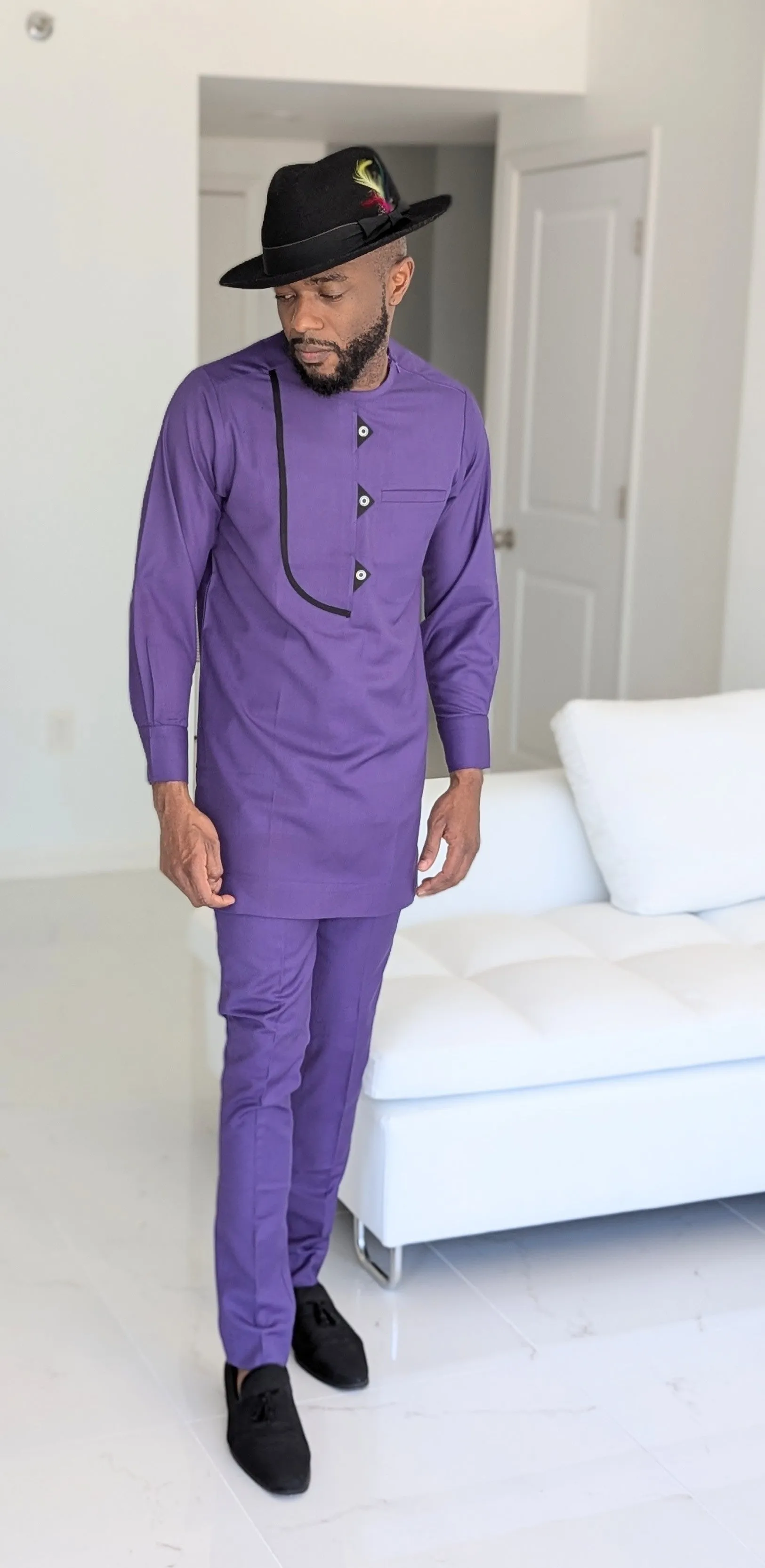 Dupsie's Gwari Elegance Purple with Black Trim African Senator Suit set DPASPBTP4