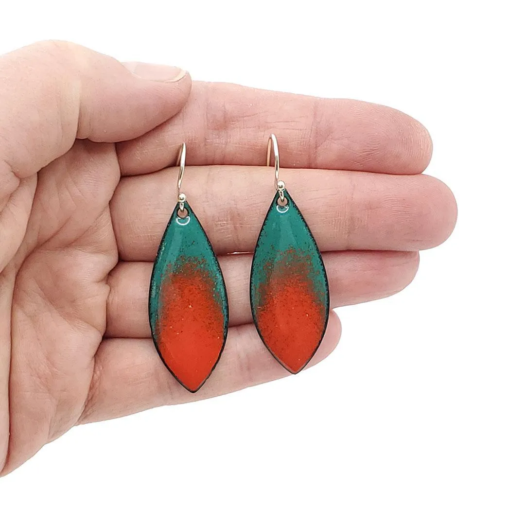 Earrings - Wide Leaf (Orange Splash on Deep Teal) by Magpie Mouse Studios