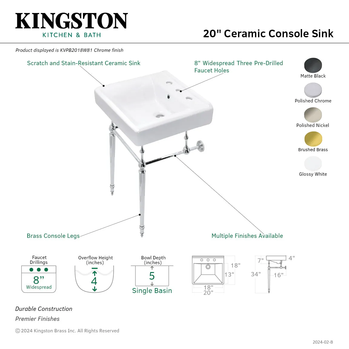 Edwardian KVPB2018W86 Console Sink, Polished Nickel