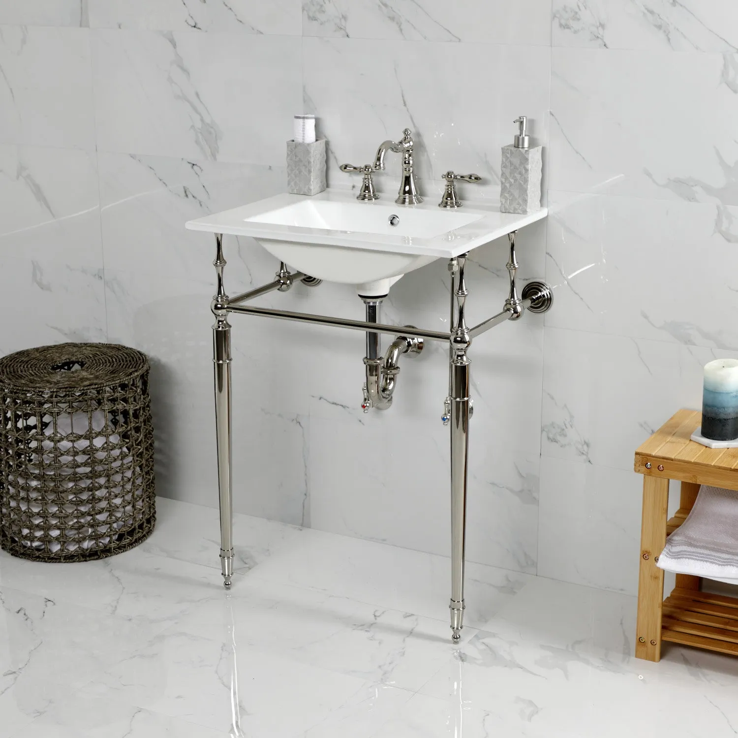 Edwardian KVPB24187W8PN 24-Inch Console Sink with Brass Legs (8-Inch, 3 Hole), White/Polished Nickel