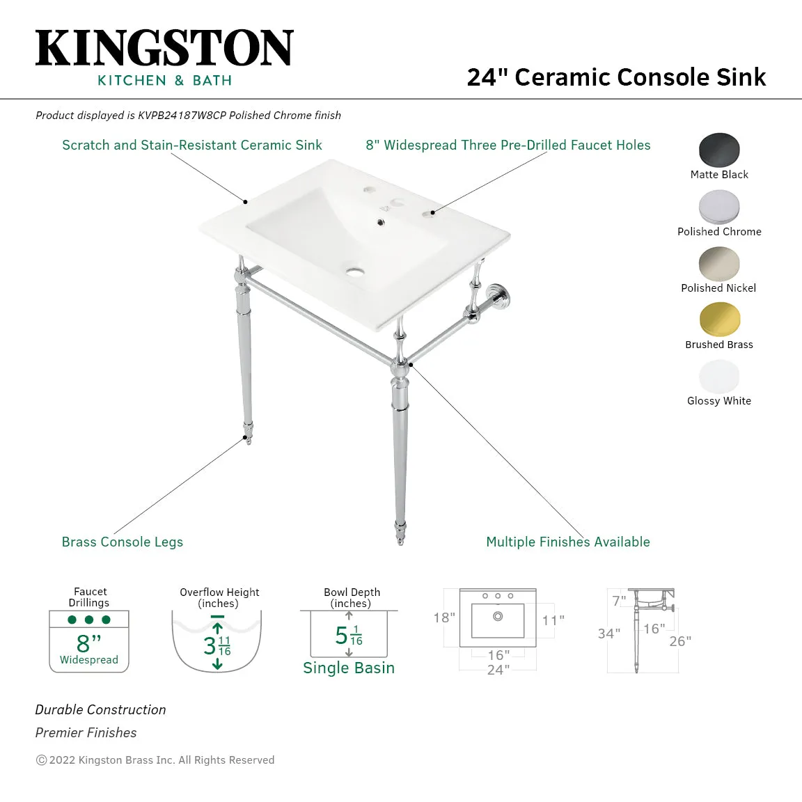 Edwardian KVPB24187W8PN 24-Inch Console Sink with Brass Legs (8-Inch, 3 Hole), White/Polished Nickel