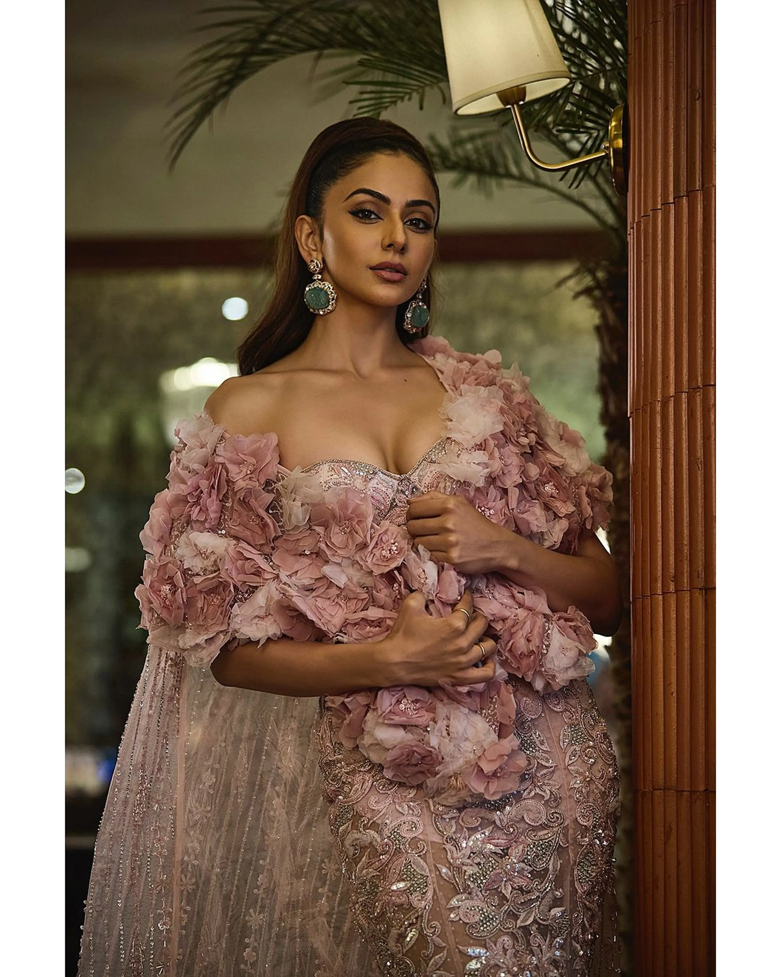 Embroidered Fish Cut Gown With 3D Flower Cape