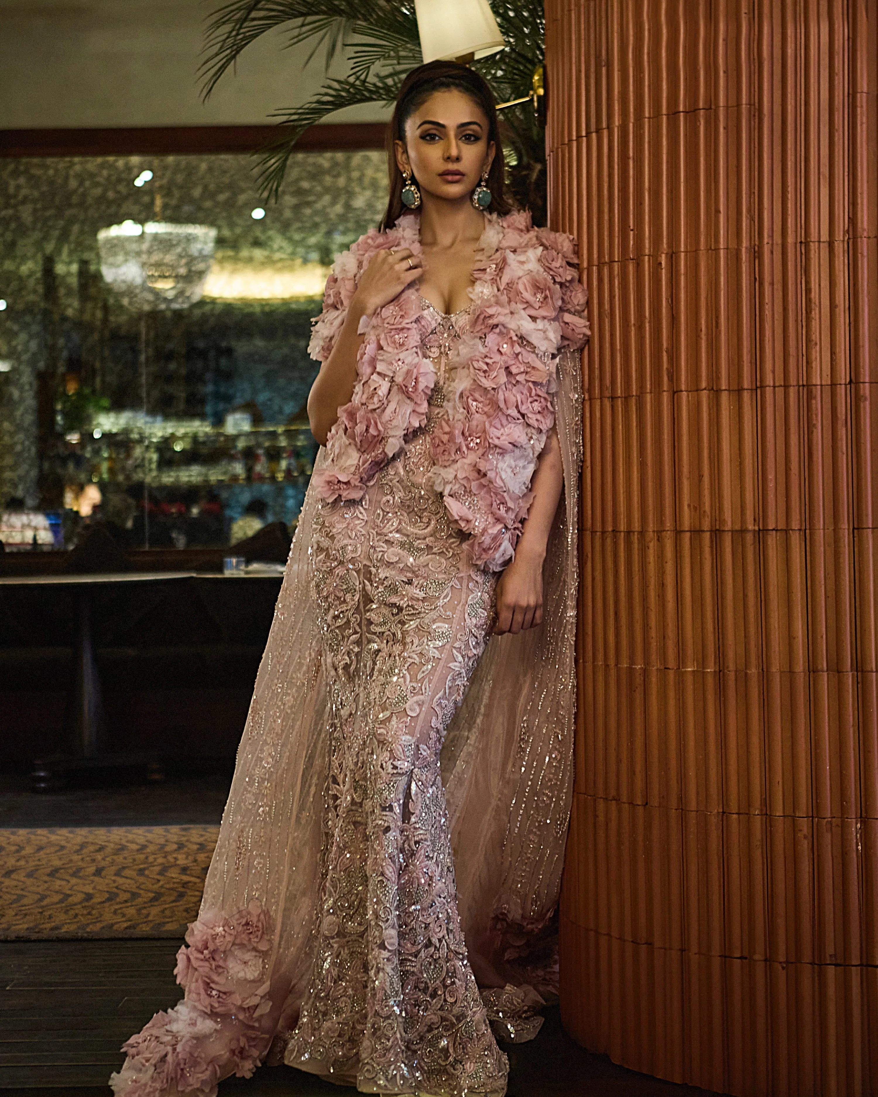 Embroidered Fish Cut Gown With 3D Flower Cape