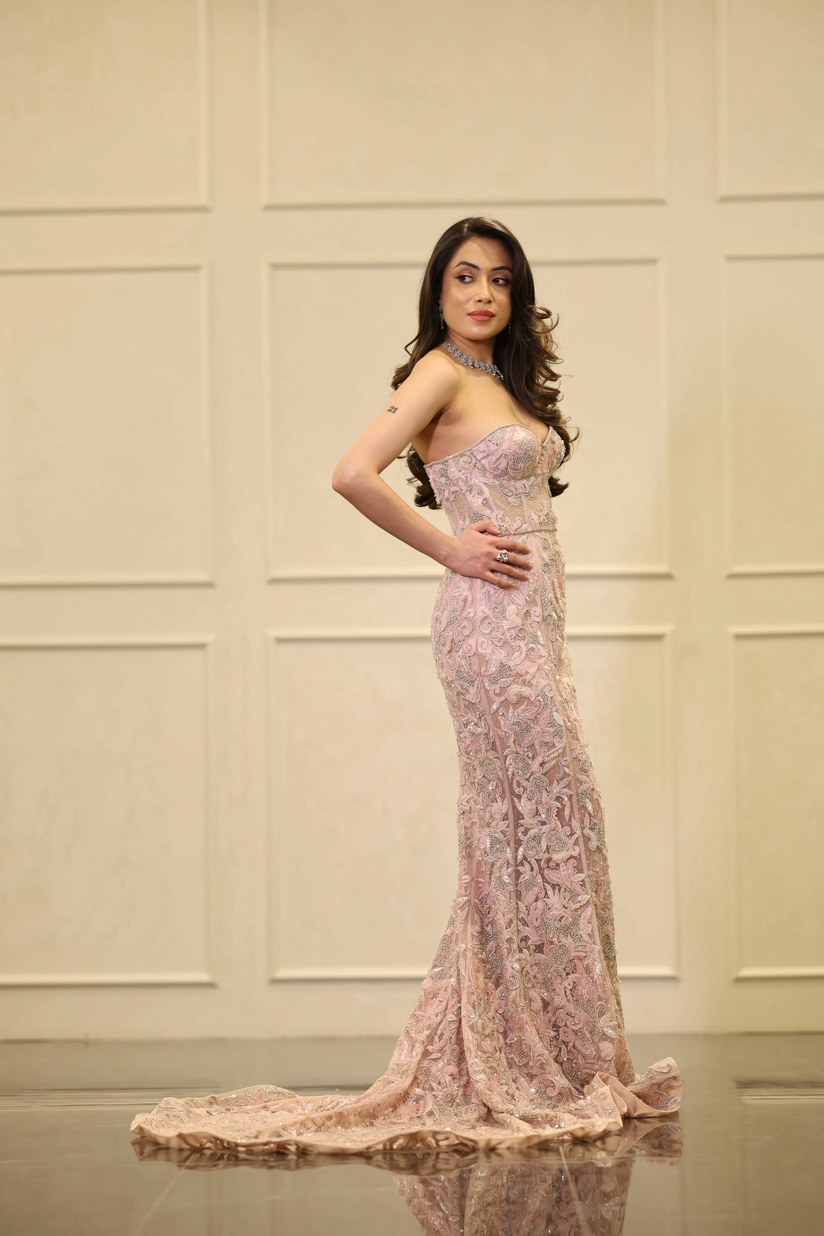 Embroidered Fish Cut Gown With 3D Flower Cape