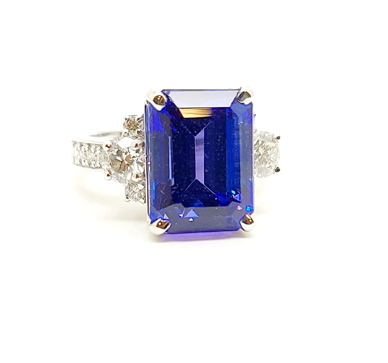 Emerald Cut Tanzanite Ring With Diamond In 14k White Gold