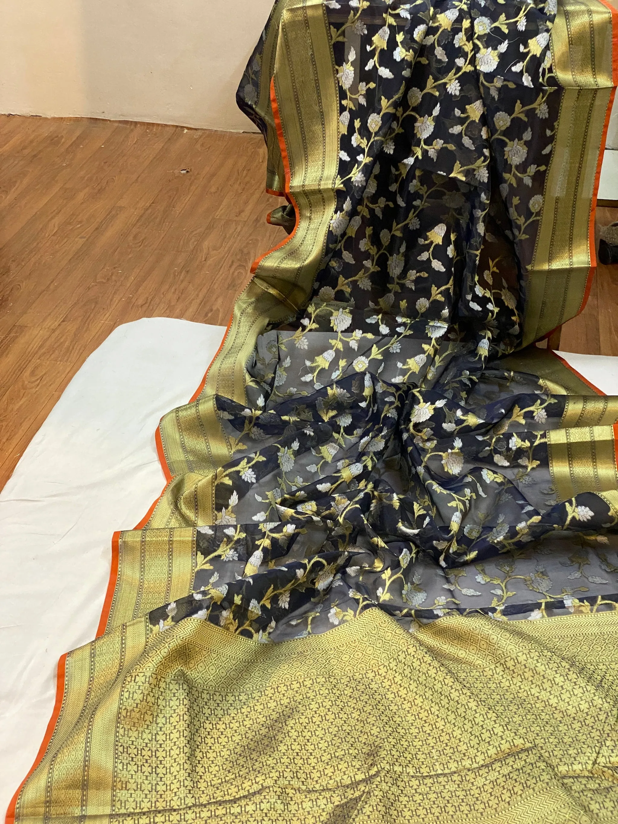 Exquisite Handloom Banarasi Sari in Black Pure Organza Silk