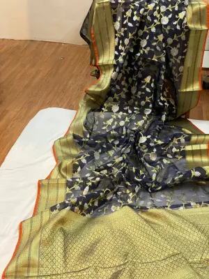 Exquisite Handloom Banarasi Sari in Black Pure Organza Silk