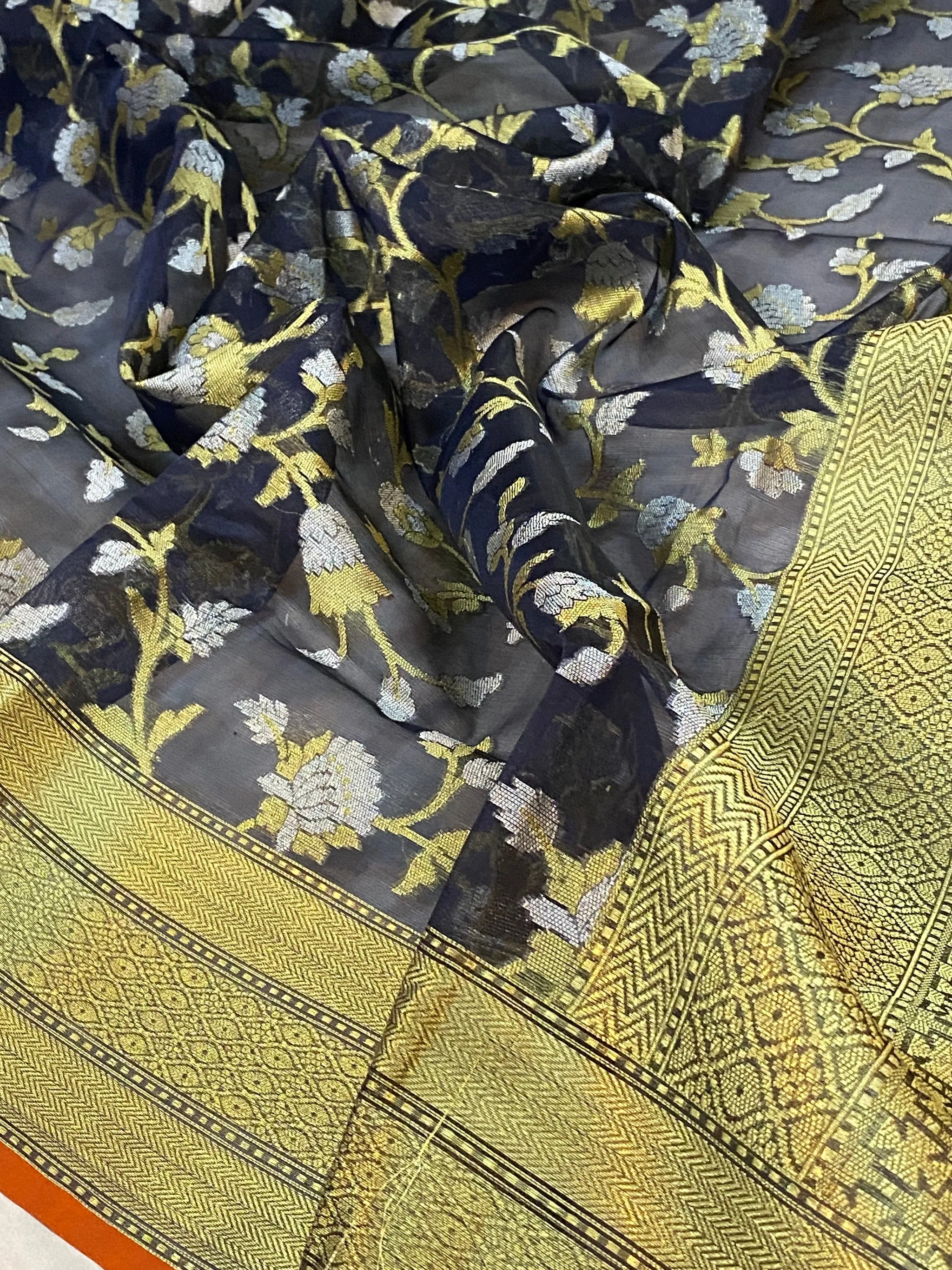 Exquisite Handloom Banarasi Sari in Black Pure Organza Silk