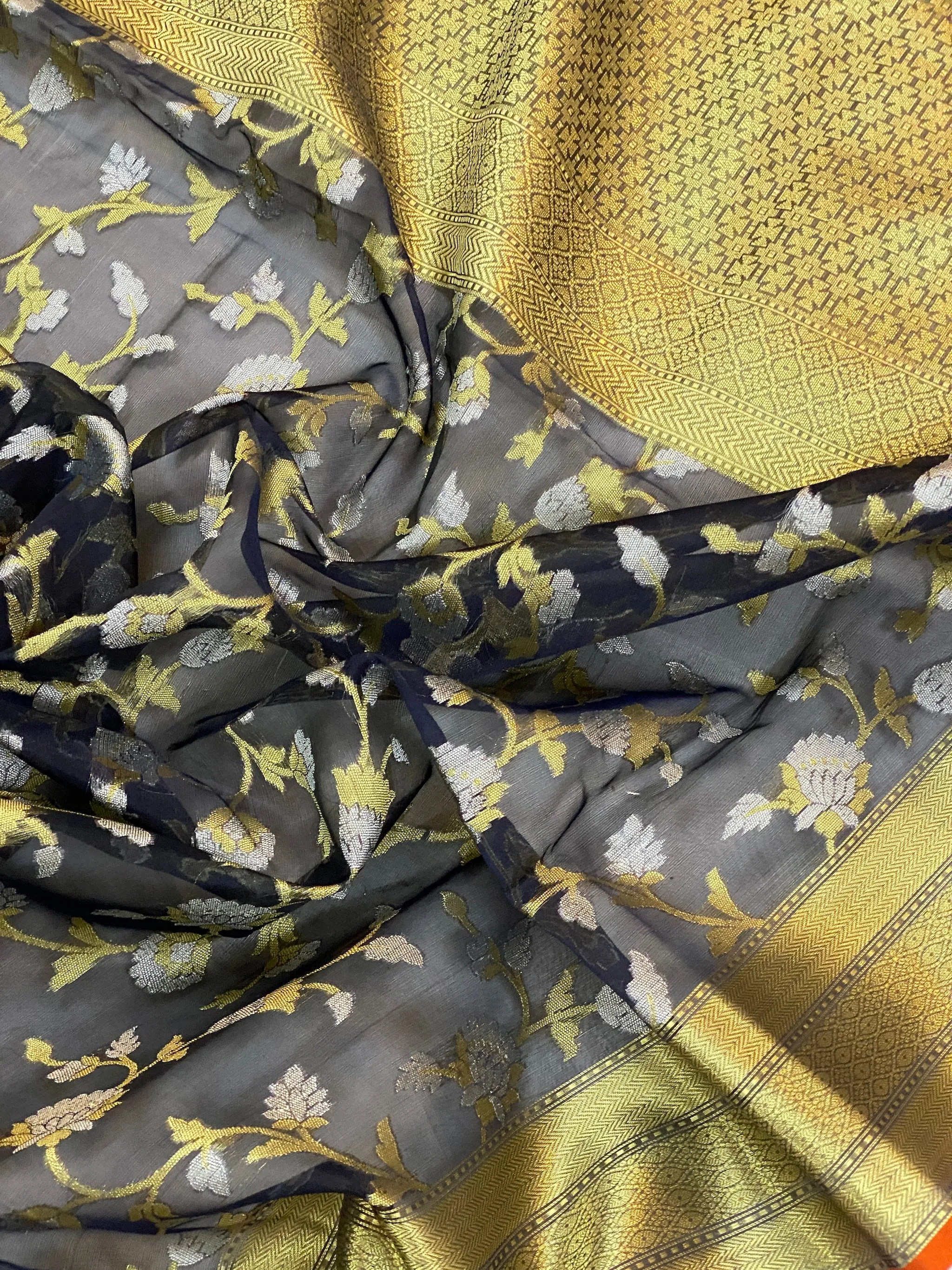 Exquisite Handloom Banarasi Sari in Black Pure Organza Silk