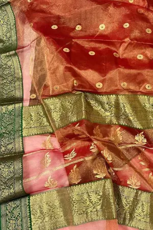 Exquisite Red Chanderi Handloom Tissue Katan Organza Saree