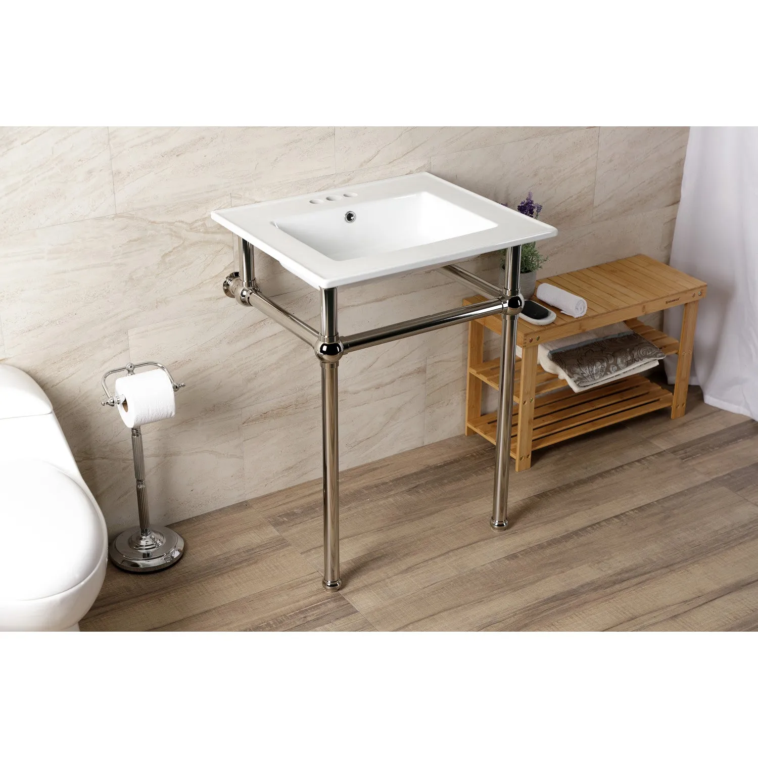 Fauceture KVBH25227W4B6 25-Inch Console Sink with Brass Legs (4-Inch, 3 Hole), White/Polished Nickel